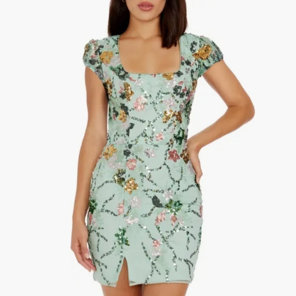 Dress the Population Jillian Mini Dress Sz 12 M L (XXL) Mint Sage Sequined Prom - Picture 3 of 13